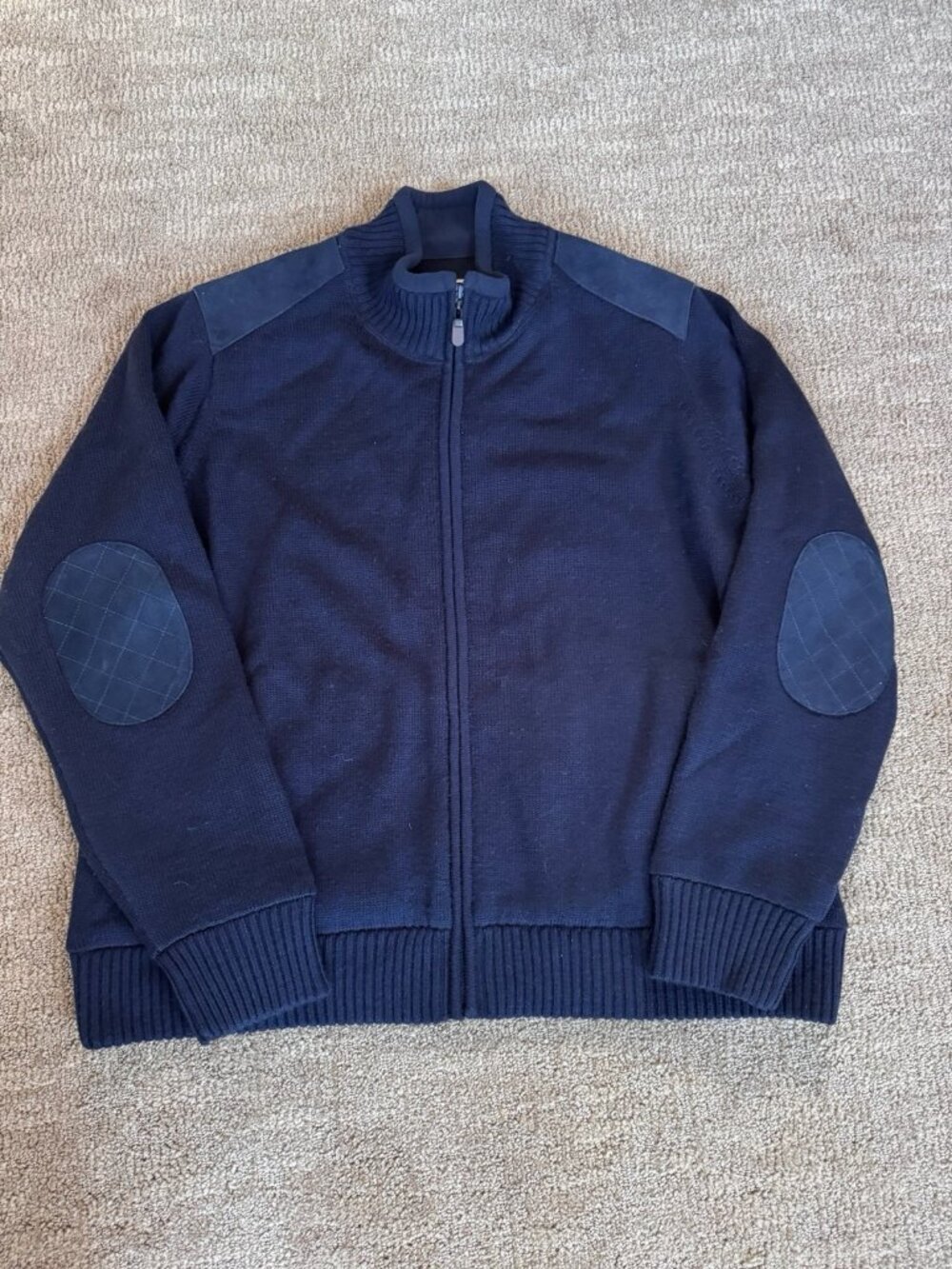 Orvis Men's Navy Merino Wool Full Zip Sweater Suede Elbow Patch XL/2XL